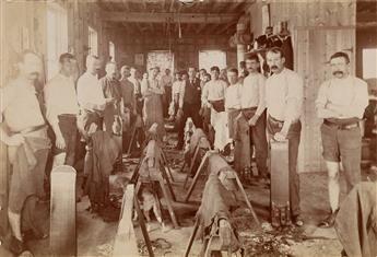 (LEATHER WORKERS) A suite of 12 early photographs depicting workers in a Boston, Massachusetts leather tannery, many with one leg cloth